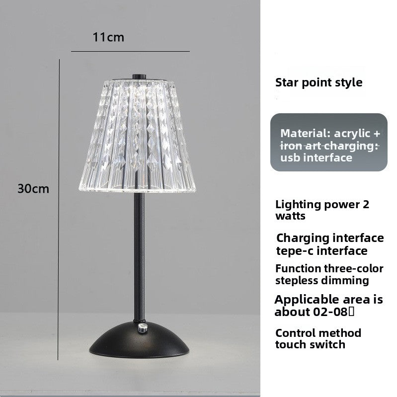 Rechargeable Crystal LED Table Lamp - Touch Control Cordless Bedside Night Light