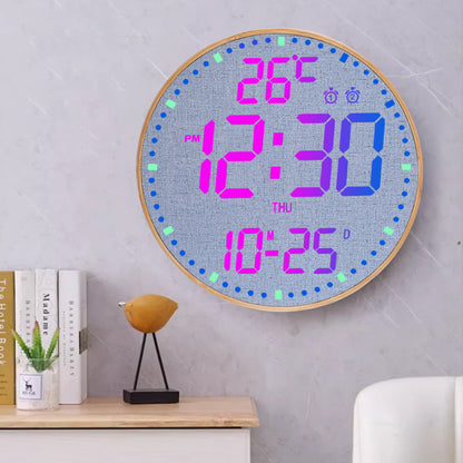 12 Inch Bamboo LED Digital Wall Clock - Remote Control Calendar, Temperature & Alarm Display