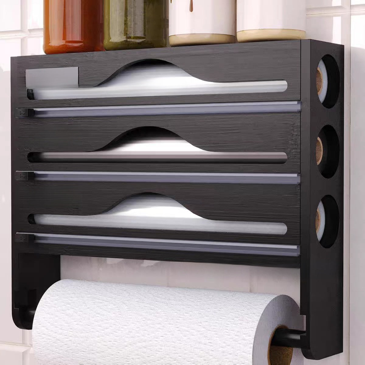 Wall-Mounted Kitchen Wrap Organiser–Wooden Storage & Foil Cutter Station