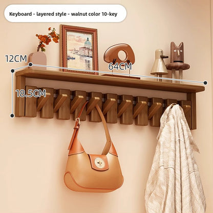 Solid Wood Piano Key Wall Hook Rack with Shelf - Entryway Coat & Key Organiser