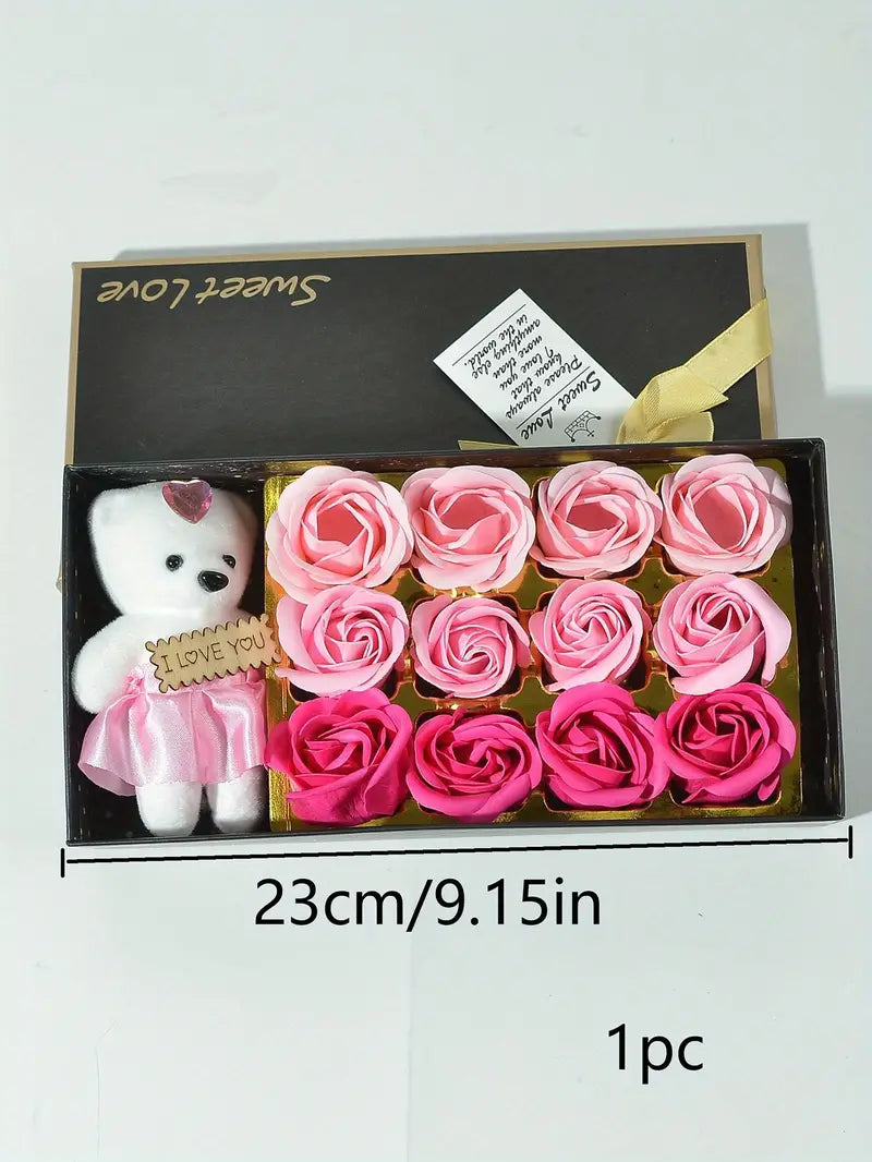 Luxury Soap Flower Gift Box with Kawaii Bear–Romantic Rose Bouquet for Special Occasions