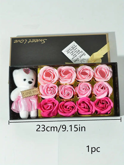 Luxury Soap Flower Gift Box with Kawaii Bear–Romantic Rose Bouquet for Special Occasions
