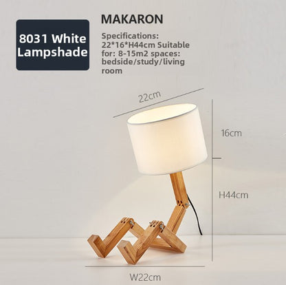 Wooden Robot Desk Lamp - Adjustable Nordic Bedside Table Lamp with Fabric Shade