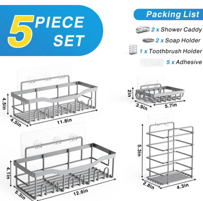 Wall Mounted Bathroom Storage Rack-No Drill Shower Shelf Organiser-Adhesive Bathroom Storage Shelf with Hooks