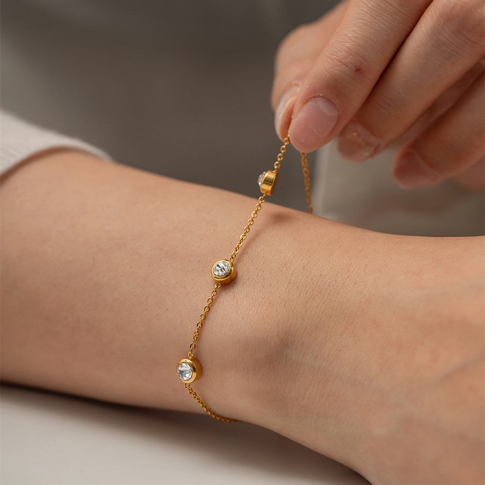 18K Gold Plated Zircon Bracelet–Round Crystal Stainless Steel Bracelet, Elegant Women’s Jewellery