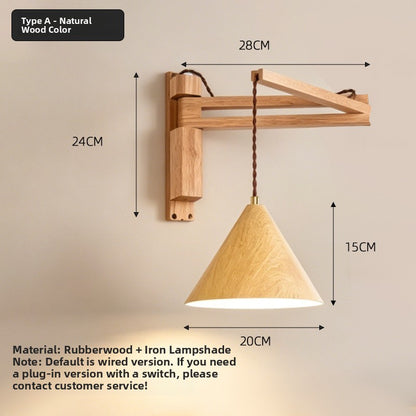 Retractable Wooden Wall Light - Nordic Adjustable LED Bedside Swing Arm Lamp