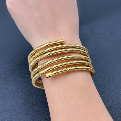 18K Gold Plated Multi-Layer Bracelet–Stainless Steel Spring Bracelet, Chunky Stack Bangle (Golden 5 Line Design)