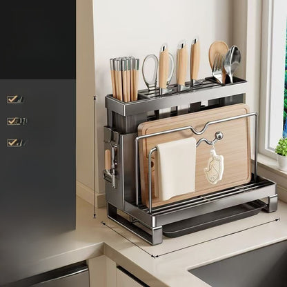 Carbon Steel Kitchen Organiser Rack–Multi-Purpose Knife, Utensil & Cutting Board Storage Stand