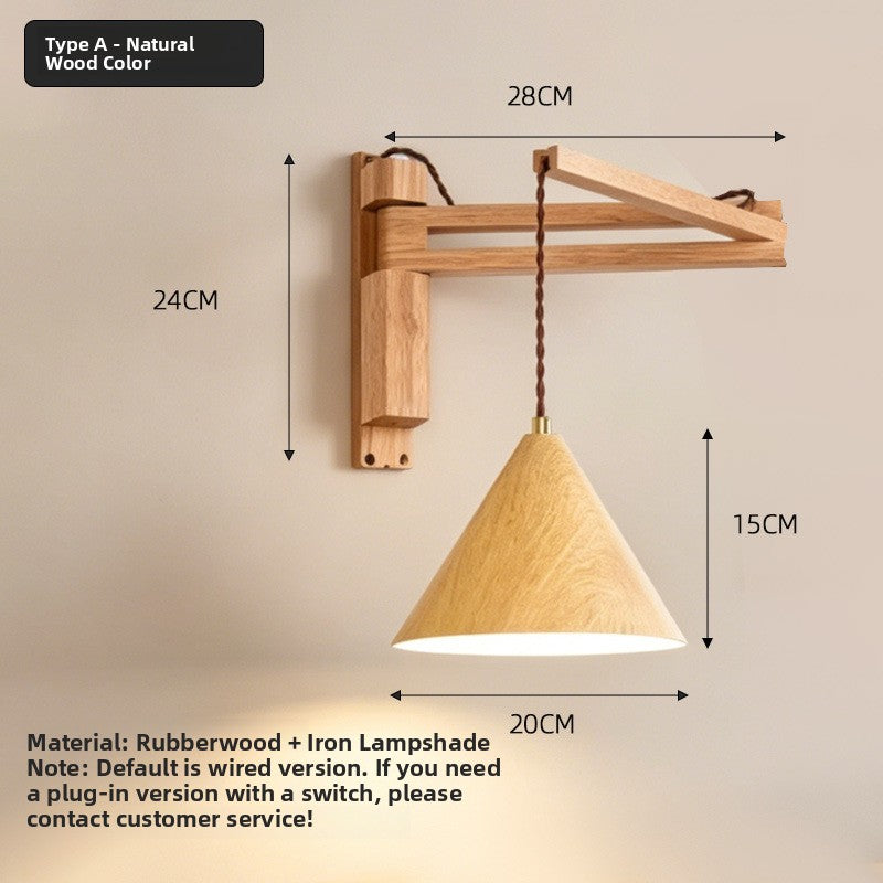 Retractable Wooden Wall Light - Nordic Adjustable LED Bedside Swing Arm Lamp
