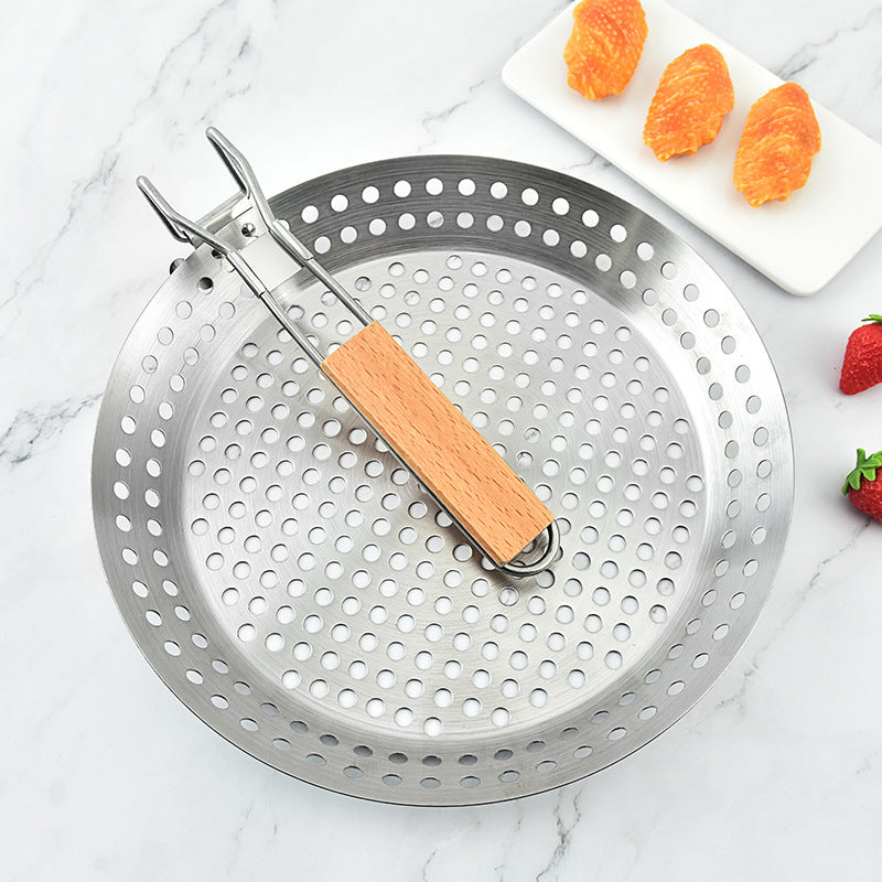 Foldable Stainless Steel BBQ Grill Tray - Round Camping Barbecue Pan with Handle