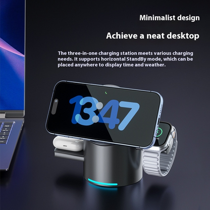 3-in-1 Magnetic Wireless Charging Stand–Fast Charging Dock for Phone, Watch & Earbuds