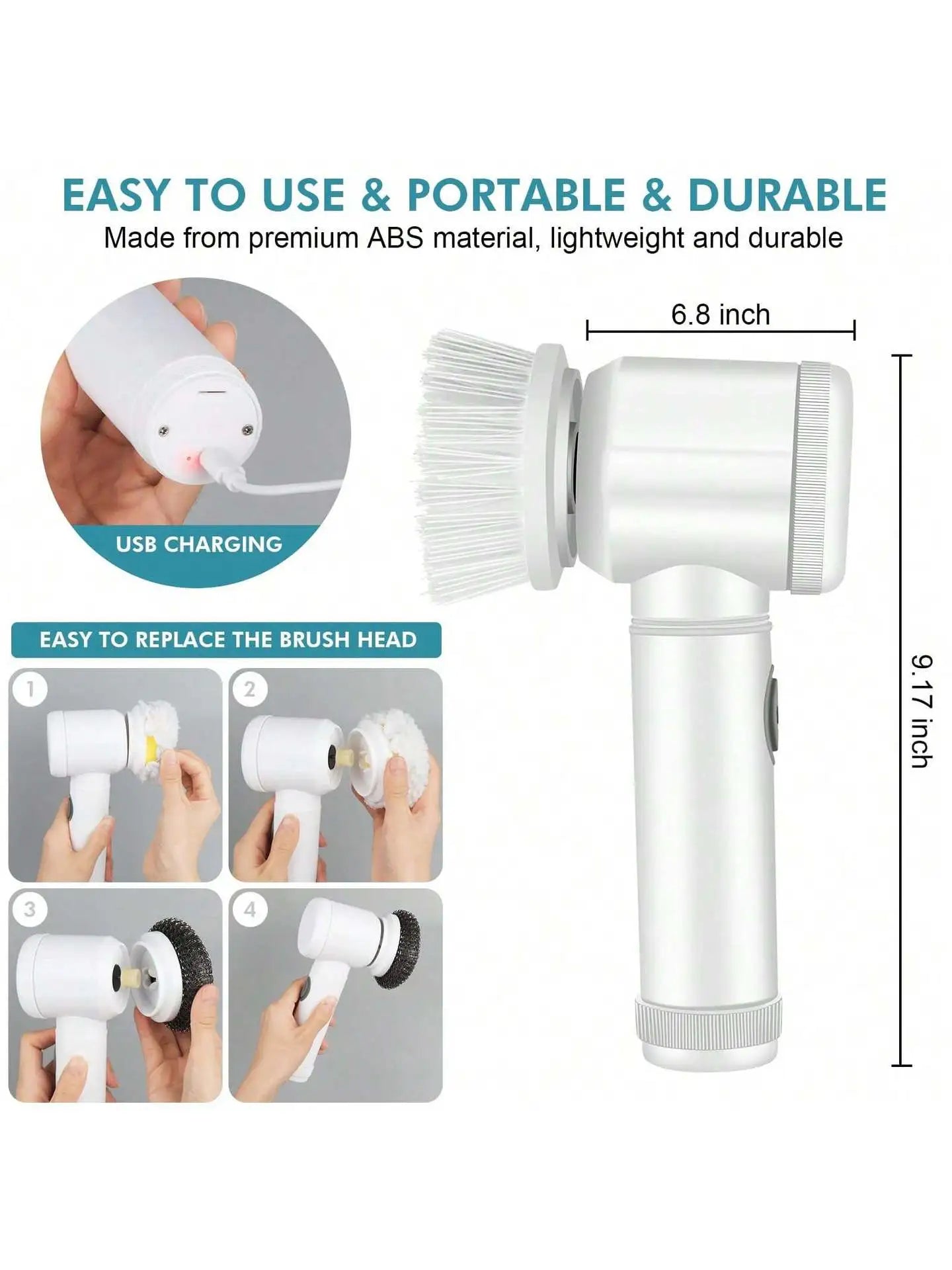 Multifunction Electric Cleaning Brush-Rechargeable Spin Scrubber with 5 Interchangeable Heads-Portable Household Cleaning Tool