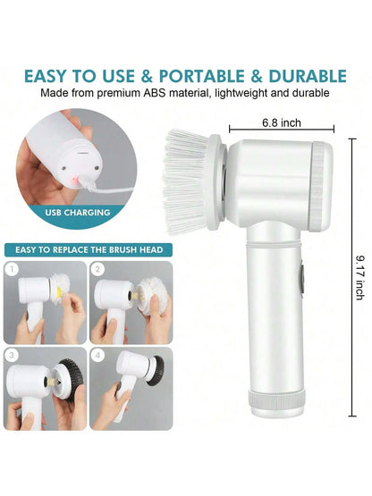Multifunction Electric Cleaning Brush-Rechargeable Spin Scrubber with 5 Interchangeable Heads-Portable Household Cleaning Tool