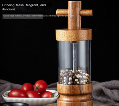 Acacia Wood Pepper Grinder–Wooden Salt & Pepper Mill with Acrylic Body, Manual Spice Grinder, Modern Kitchen & Dining Tool