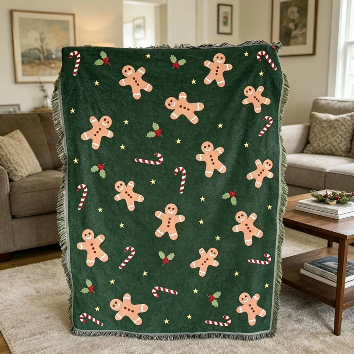 Retro Christmas Throw Blanket - 130 × 160cm Woven Jacquard Festive Sofa Blanket with Tassels