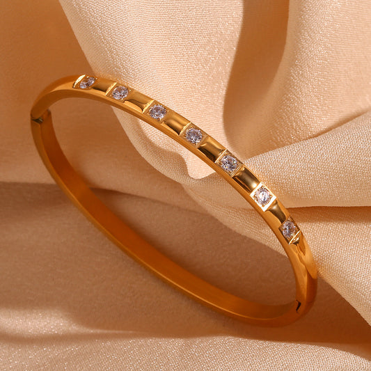18K Gold Plated Zircon Buckle Bracelet–Stainless Steel Minimalist Bangle, Micro Inlaid 3A Zircon Jewellery