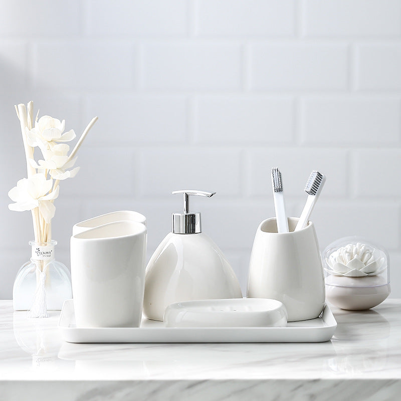 Luxury White Porcelain Ceramic Bathroom Accessory Set – 5-Piece Bathroom Essentials Collection