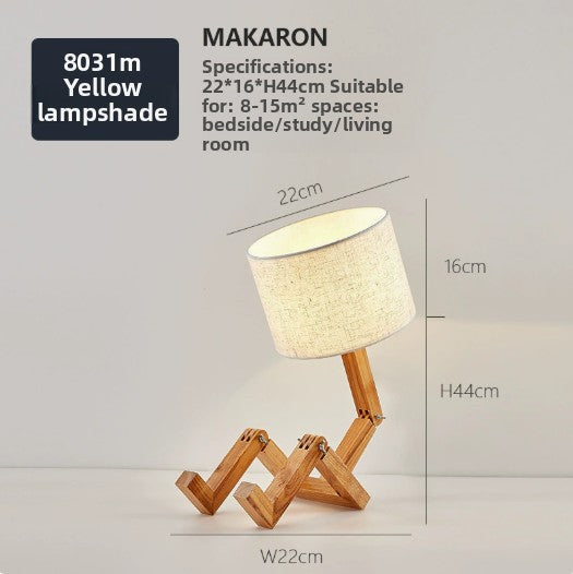 Wooden Robot Desk Lamp - Adjustable Nordic Bedside Table Lamp with Fabric Shade