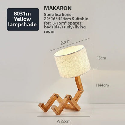 Wooden Robot Desk Lamp - Adjustable Nordic Bedside Table Lamp with Fabric Shade