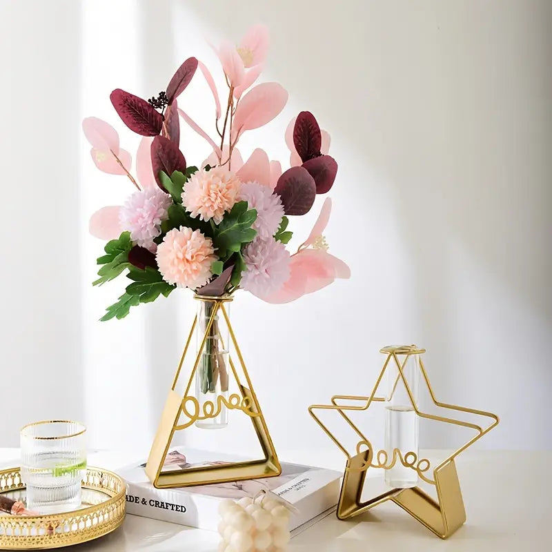 Nordic Glass Flower Vase–Hydroponic Metal Frame Vase for Living Room, Desktop & Modern Home Décor