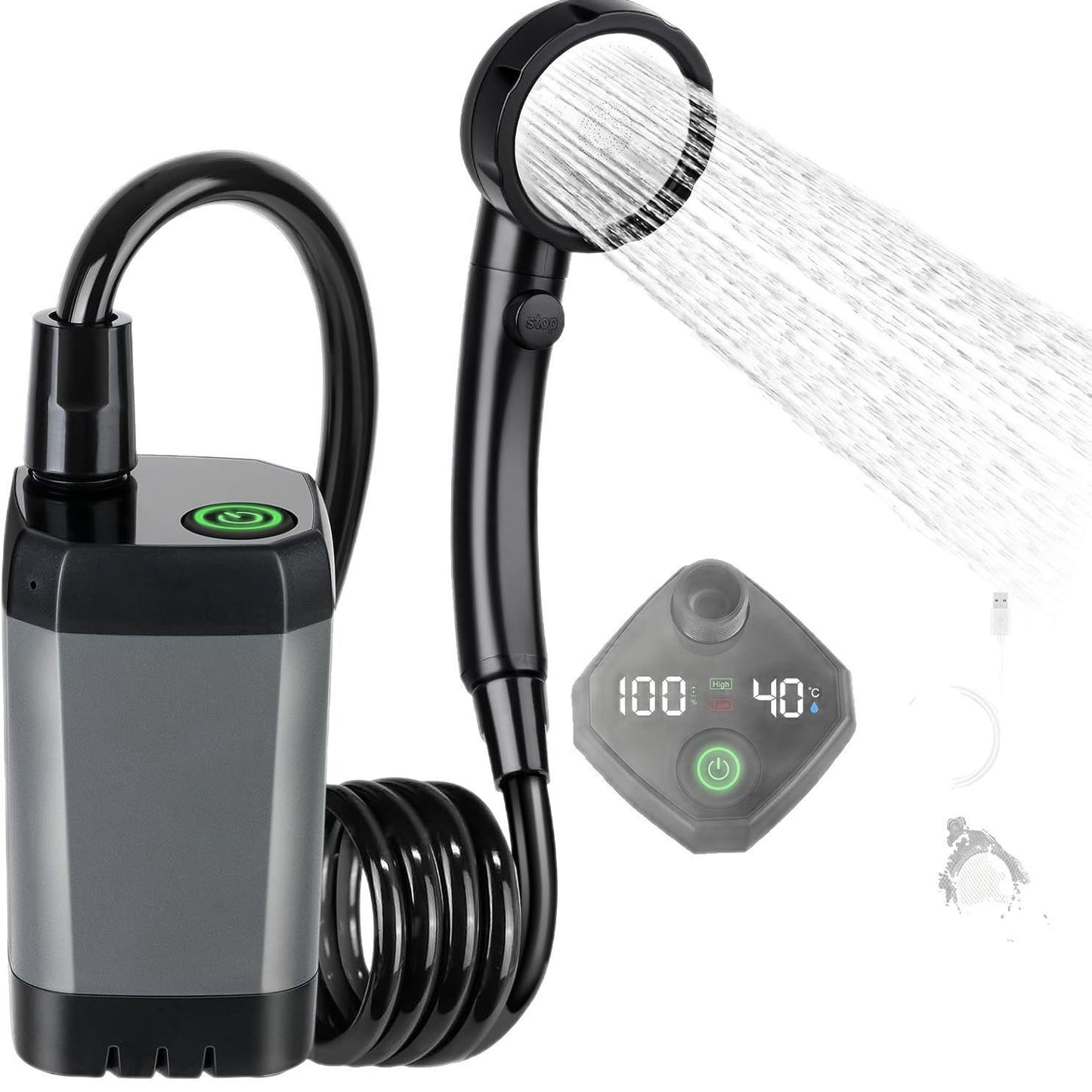 Portable Rechargeable Camping Shower–High-Pressure Outdoor Shower With Digital Temperature Display