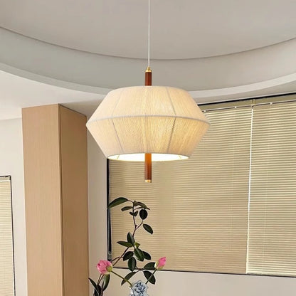 Japanese Wabi-Sabi Pendant Light - Natural Wood & Woven Fabric LED Ceiling Light for Dining Room & Living Room