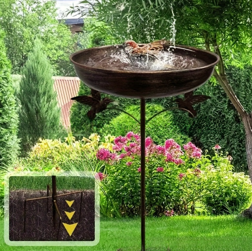 Rustic Iron Bird Bath & Feeder - Ground Stake Outdoor Garden Bird Feeding Station