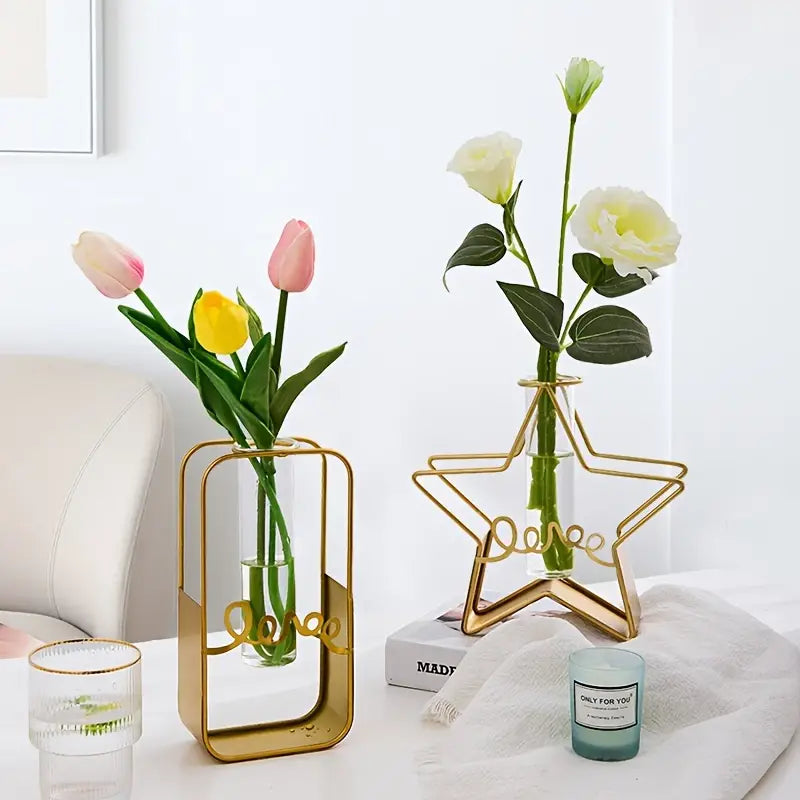 Nordic Glass Flower Vase–Hydroponic Metal Frame Vase for Living Room, Desktop & Modern Home Décor