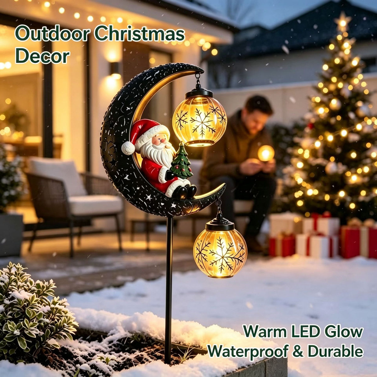 Solar Christmas Garden Light - 3D Moon & Santa LED Outdoor Decoration with Ground Stake