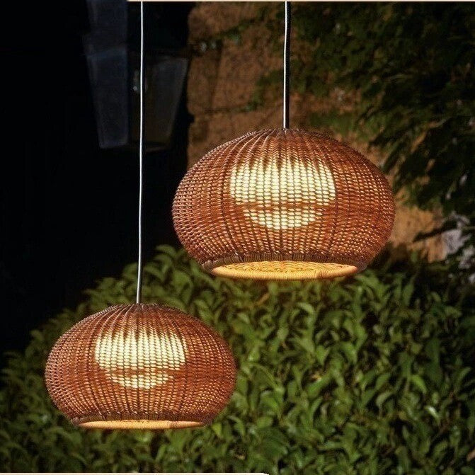 Outdoor Bamboo Rattan Pendant Light - Waterproof Japanese Style Garden Chandelier for Patio, Courtyard & Outdoor Dining