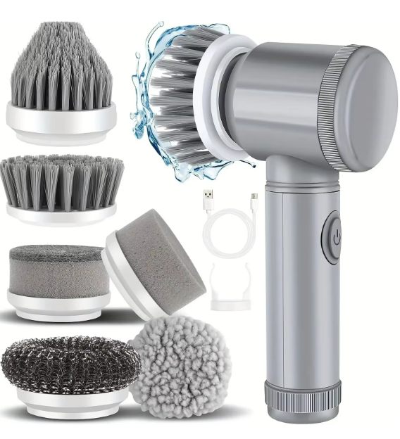 Multifunction Electric Cleaning Brush-Rechargeable Spin Scrubber with 5 Interchangeable Heads-Portable Household Cleaning Tool