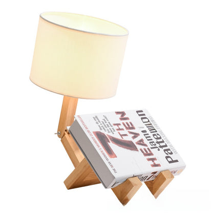Wooden Robot Desk Lamp - Adjustable Nordic Bedside Table Lamp with Fabric Shade
