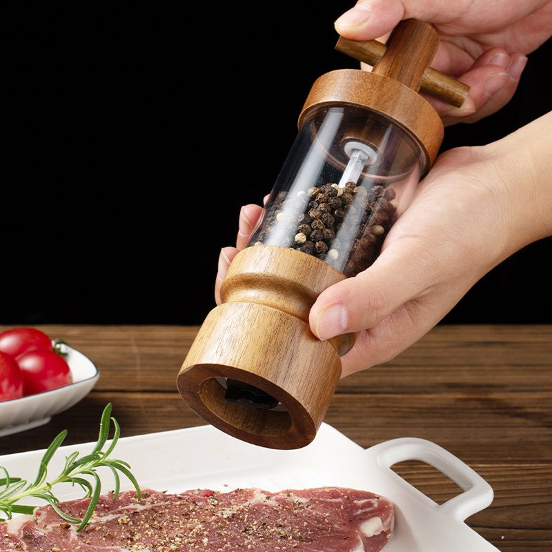 Acacia Wood Pepper Grinder–Wooden Salt & Pepper Mill with Acrylic Body, Manual Spice Grinder, Modern Kitchen & Dining Tool