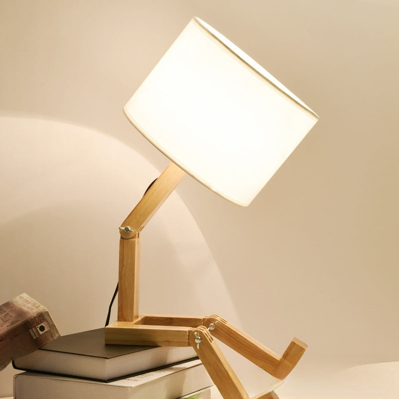 Wooden Robot Desk Lamp - Adjustable Nordic Bedside Table Lamp with Fabric Shade
