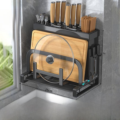 Carbon Steel Kitchen Organiser Rack–Multi-Purpose Knife, Utensil & Cutting Board Storage Stand