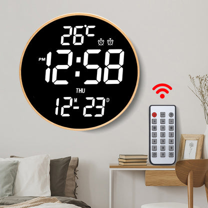 12 Inch Bamboo LED Digital Wall Clock - Remote Control Calendar, Temperature & Alarm Display