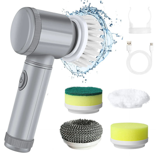 Multifunction Electric Cleaning Brush-Rechargeable Spin Scrubber with 5 Interchangeable Heads-Portable Household Cleaning Tool