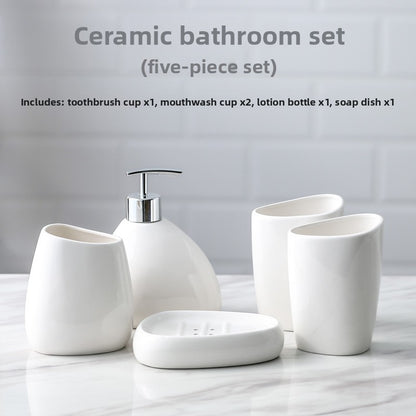 Luxury White Porcelain Ceramic Bathroom Accessory Set – 5-Piece Bathroom Essentials Collection
