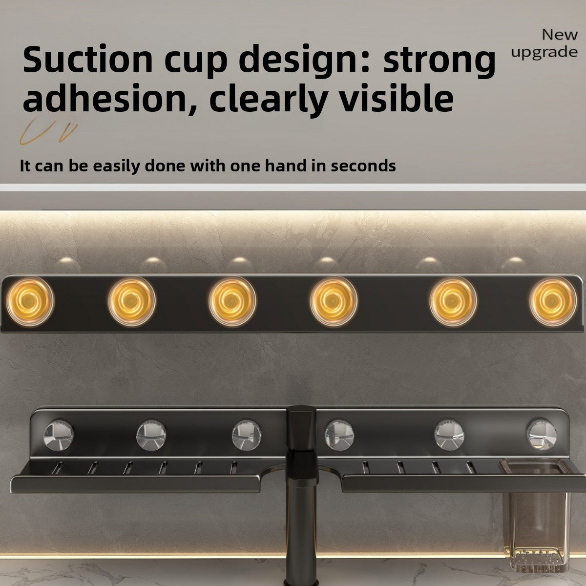 Suction Cup Bathroom Mirror with Storage Shelf - Wall Mounted No-Drill Bathroom Organiser in Gun Grey