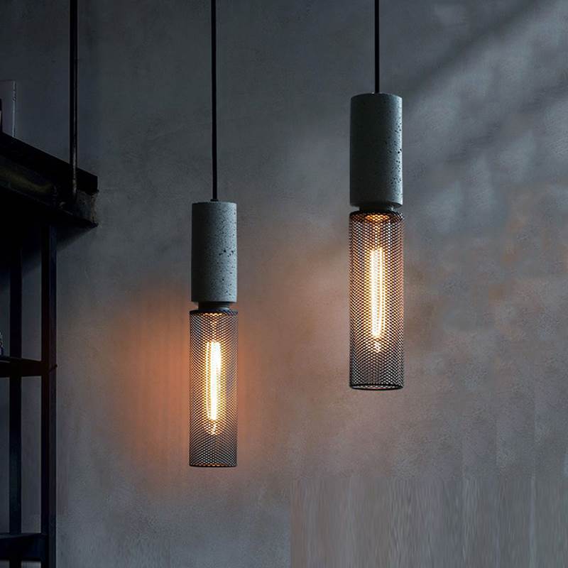 Industrial Style Cement Pendant Light - Vintage Iron Mesh Hanging Chandelier