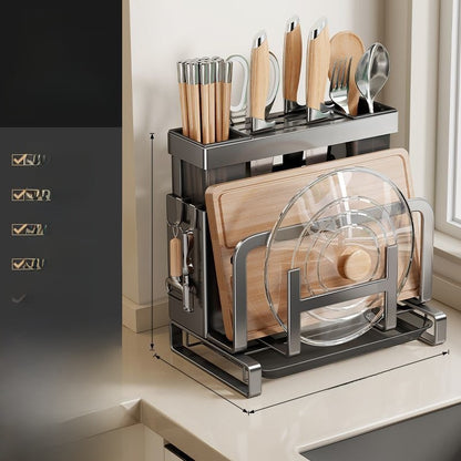 Carbon Steel Kitchen Organiser Rack–Multi-Purpose Knife, Utensil & Cutting Board Storage Stand