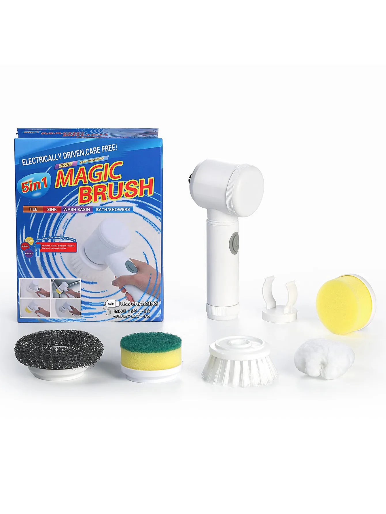 Multifunction Electric Cleaning Brush-Rechargeable Spin Scrubber with 5 Interchangeable Heads-Portable Household Cleaning Tool