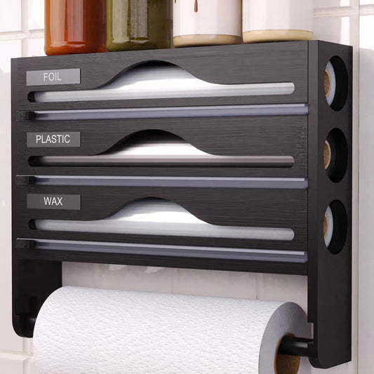 Wall-Mounted Kitchen Wrap Organiser–Wooden Storage & Foil Cutter Station