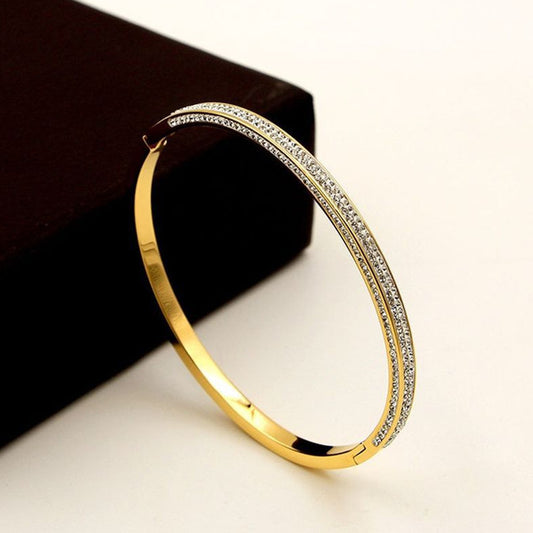 Double Row Zircon Bracelet–Gold Titanium Steel Star Bracelet, Full Crystal Geometric Women’s Jewellery