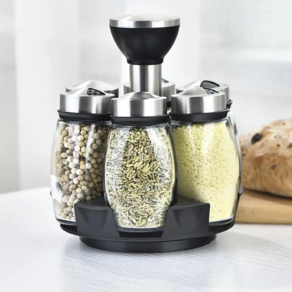 Rotating Spice Rack with Airtight Jars–360° Kitchen Organiser, Space-Saving Spice Storage Set with Sealed Bottles