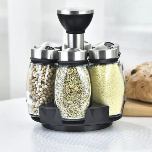 Rotating Spice Rack with Airtight Jars–360° Kitchen Organiser, Space-Saving Spice Storage Set with Sealed Bottles