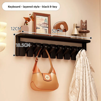 Solid Wood Piano Key Wall Hook Rack with Shelf - Entryway Coat & Key Organiser