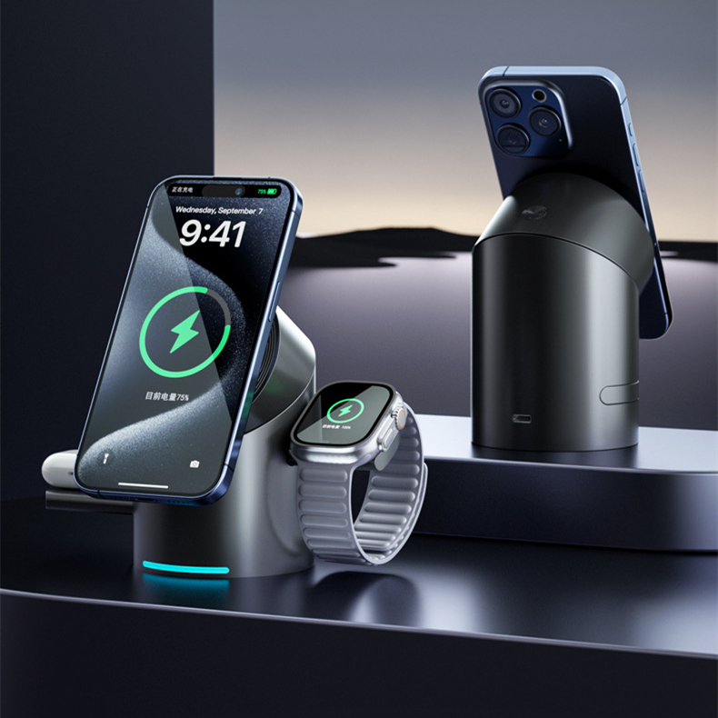 3-in-1 Magnetic Wireless Charging Stand–Fast Charging Dock for Phone, Watch & Earbuds
