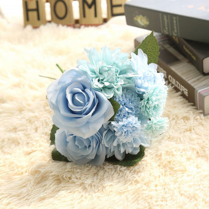 Simulated Dahlia Rose Bouquet–Luxury Silk Faux Flowers for Elegant Home Décor