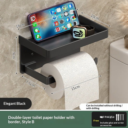 No Drill Toilet Paper Holder with Phone Shelf-Wall Mounted Tissue Holder Rack-Modern Bathroom Storage Organiser